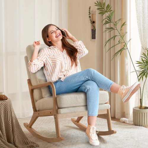 Ktaxon Mid Century Rocking Nursery Chair Solid Wood Frame Accent Chair, Teddy Fleece fabric Upholstered Glider Rocker Modern Padded Armchair with Lumbar Pillow Beige