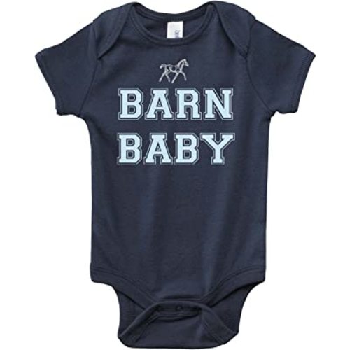 Equestrian Creations Barn Baby Horse Onesie, Navy Blue with Light Blue Lettering for Infant Boys - Pony Lover Bodysuit Gift