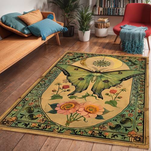 Floral Green Luna Moth Area Rug, Butterfly Bedroom Art Deco Rug, Cottagecore Living Room Carpet, Animal Print Area Rug, Butterfly Themed Rug 48 X 72