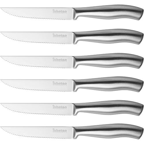 isheTao Steak Knives, Steak Knife Set of 6, 4.5 inches Steak Knife, Dishwasher Safe High Carbon Stainless Steel Steak Knife, Silver