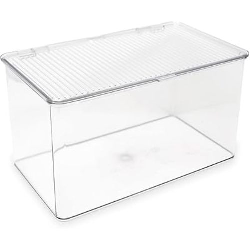 Isaac Jacobs Large Stackable Organizer Bin (10.75” x 6.5” x 6.1”) w Hinged Lid Clear Storage Box Home Office School Fridge Bathroom Kitchen Pantry Container BPAFree Food Safe (Large Clear)