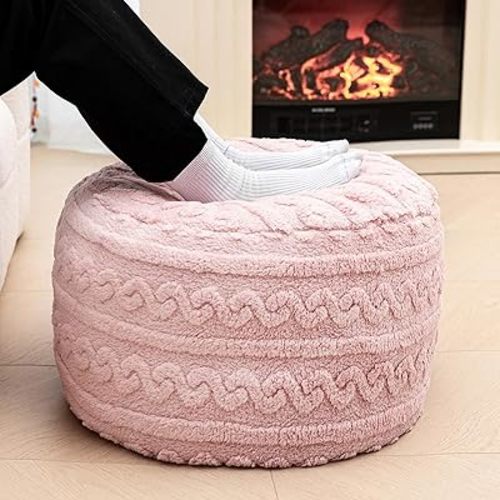 Pouf Ottoman Stuffed 20x20x12 Inches Floor Pouf Plush Fiber Ottoman Foot Rest Under Desk Foot Stool for Living Room Bedroom (Pink Pouf with Filler)