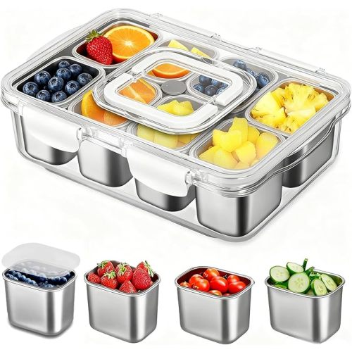 Snackle Box Container, Stainless Steel Divided Serving Tray with Lid and Handle, Large Snack Tray for Fruit Veggie Candy, 8-Compartment Snack Platter for Travel Party Beach Picnic