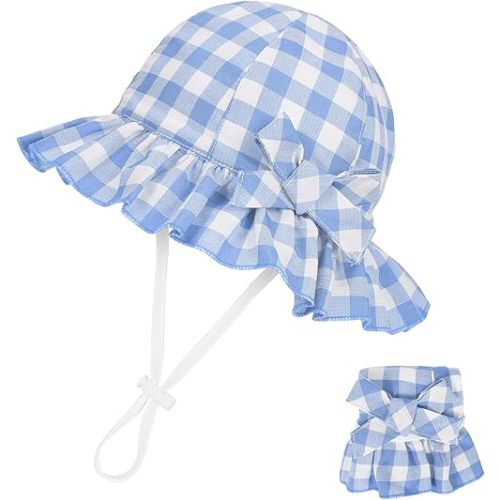 Zando Baby Sun Hat Toddle Cute Ruffle Brim Baby Beach Hat Cotton Checkered Baby Hats UPF 50+ Adjustable Bucket Hat for 0-2T