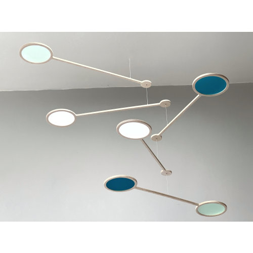 Large Kinetic Mobile Sculpture, Adult & Baby Nursery Mobile. Mid Century Modern Calder Hanging Art. Teal and Pale Green Orbit The Illuminist