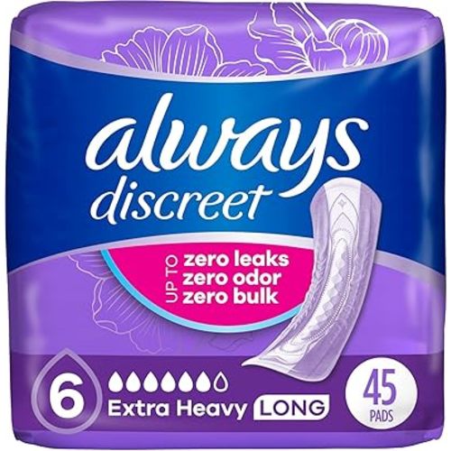 Always Discreet Adult Incontinence Pads for Women, Extra Heavy Absorbency, Long Length, Postpartum Pads, 45 Count (Packaging May Vary)
