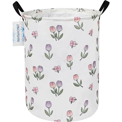 LANGYASHAN Laundry Basket Canvas Fabric Collapsible Organizer Basket for Storage Bin Toy Bins Gift Baskets Bedroom Clothes Children Nursery Hamper (Tulip)