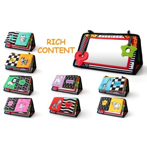 3-in-1 Tummy Time Mirror Toys with Soft Crinkle 3D Activity Book,Teethers, Rattle,High Contrast Black and White Montessori Baby Crawling Toys Developmental Newborn Infant Sensory Toys Gift 0-12 Months
