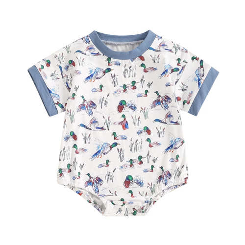 6-12month Baby Boy Romper Short Sleeve Crew Neck Duck Bird Print Jumpsuit – August + Willow