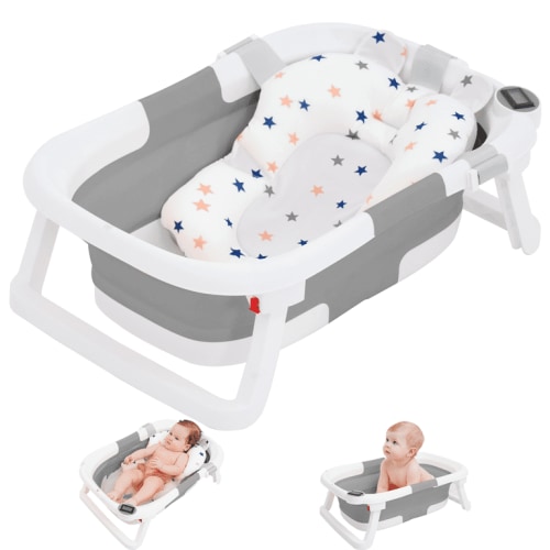 iBabymax Foldable Baby PP+TPE Bathtub with Soft Cushion&Thermometer for 0-36 Months Toddler Green