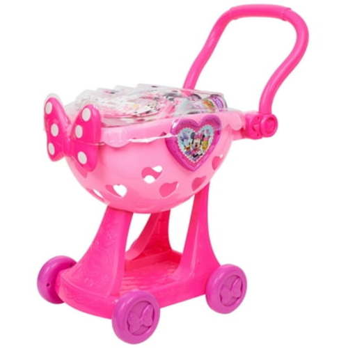 Disney Junior Minnie Mouse Bowtique Shopping Cart, Food Boutique Basket, 9-Piece Grocery Set for Kids Ages 3+