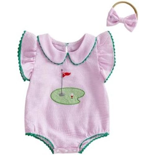 Newborn Baby Girl Golf Outfit Bubble Romper Ruffle Sleeveless Striped Bodysuit Headband Infant Summer Clothes