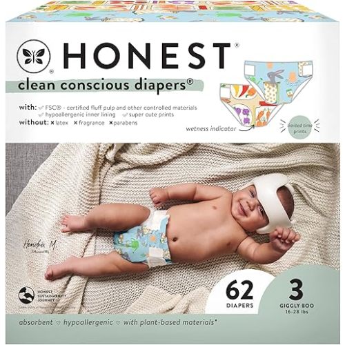 The Honest Company Clean Conscious Diapers for Sensitive Skin | Hypoallergenic, Fragrance Free | Spring '25 Limited Edition Prints | Club Box, Size 3 (16-28 lbs), 62 Count