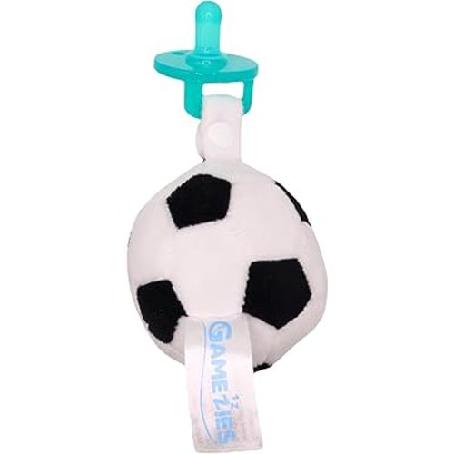 Gamezies Baby Boy and Girl Silicone Pacifier with Detachable Sports Plush Toy Holder, Soccer CPSIA Tested, BPA-Free 0-6 Months