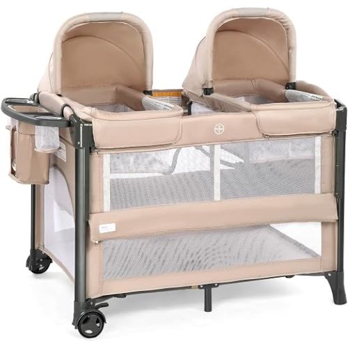 JOYMOR Twin Bassinet for Baby, Beige Bedside Bassinet, Convertible to Bedside Baby Bed and Playpen, with Wheel, Brake, Quick Foldable