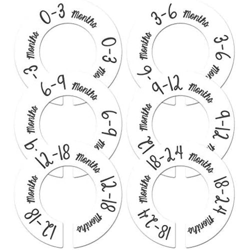 6 Baby Nursery Clothing Closet Size Dividers White Unisex Fits 1.5" Rod (Ranged Months)