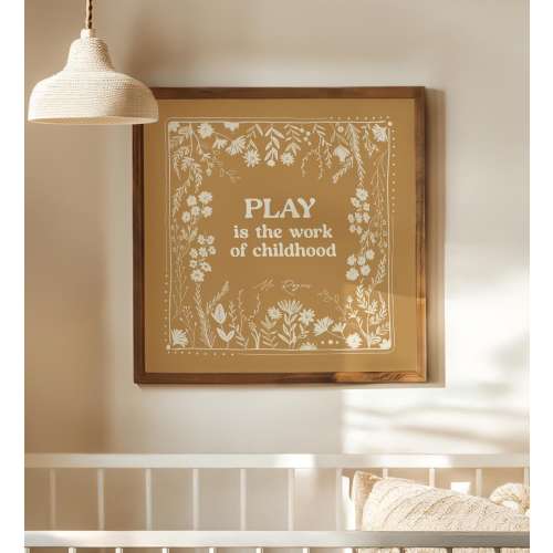 Mr Rogers Quote, Play is the Work of Childhood, Playroom Decor, Yellow Nursery Wall Art, Scandinavian Folk Style Artwork