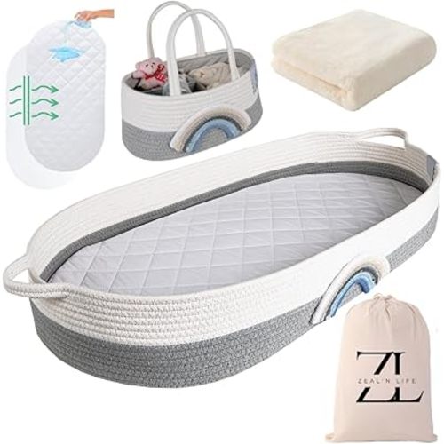 Moses Basket for Babies with Muslin Blanket, Diaper Caddy & Waterproof Changing Pad | Changing Basket for Baby Dresser | Portable Basket for Your Baby’s Needs | Woven Basket for Travel & Nursery