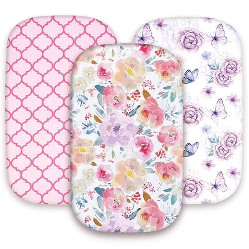 AMROSE 3 Pack Bassinet Sheets 33" x 20" Compatible with Mika Micky, Baby Delight, Dream On Me, AMKE and Other Rectangle Bassinet Mattress, Soft and Skin-Friendly, Happy Garden