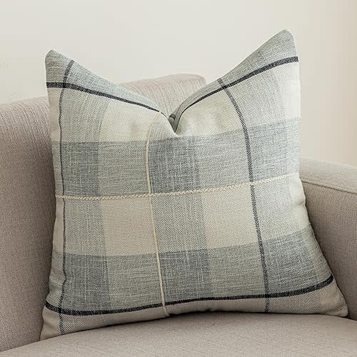 vctops Rustic Lattice Cotton Linen Decorative Throw Pillow Cover Embroidery Square Cushion Cover Pillowcase for Sofa Bedroom Couch (Grey White Plaid, 18"x18")