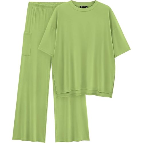 PRETTYGARDEN Women's 2 Piece Outfits Casual Short Sleeve Pullover Tops and Wide Leg Pants Lounge Sets Tracksuits