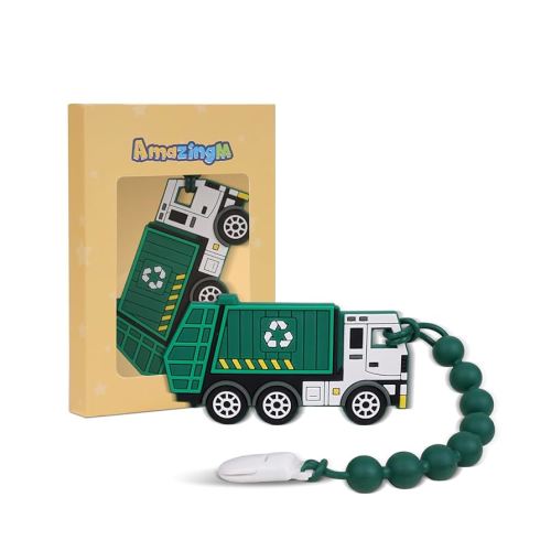 Baby Food Grade Silicone Carrier Vehicle Teether Toy with One Piece Design Pacifier Clip Holder,Teething Pain Relief Toys Gift Set for 3 Months+ Boys and Girls,Freezer Safe,BPA Free.(Garbage Truck)