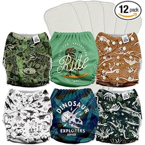 Mama Koala 3.0 Pocket Cloth Diapers for Babies with AWJ Lining, 6 Pack with 6 5-Layer Natural Cloth Diaper Inserts - Reusable and Washable Pocket Diapers(A-It's Dinosaurs)