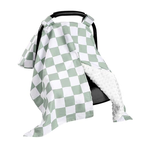 DILIMI Baby Car Seat Cover, Minky Warm Winter Car Seat Covers for Babies, Peekaboo Opening Infant Car Seat Cover, Nursing Cover Carseat Canopy, Green Checkered