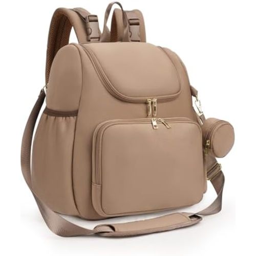 CEI-CEI Diaper Bag Backpack Neoprene Waterproof Baby Bags for Mom and Dad with Changing Pad Stowable Shoulder Strap Convertible Travel Tote with Pacifier Case and Insulated Pockets (Oat)
