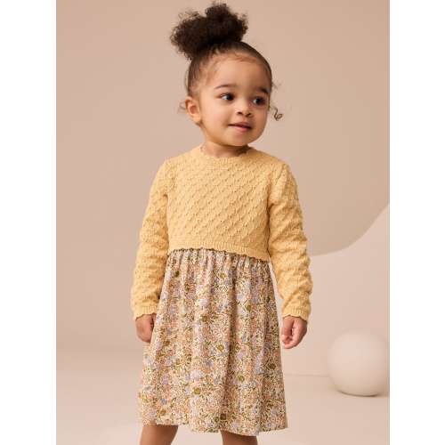 Ochre Yellow Floral Print Knit Dress (3mths-7yrs)