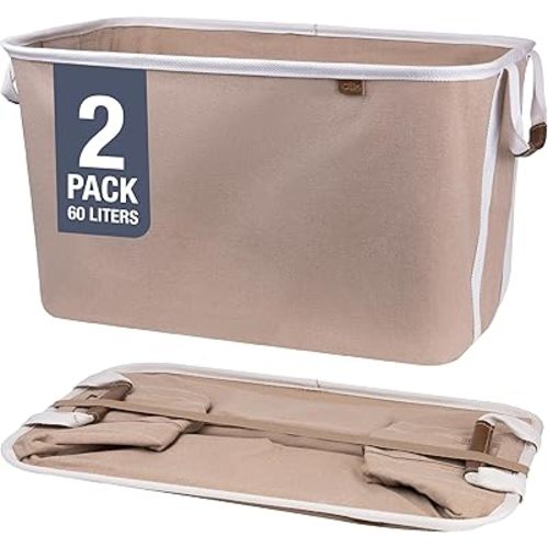 CleverMade Collapsible Laundry Basket Hamper - LUXE Mocha 2-Pack 60L - Space Saving Storage Organizer with Handles Foldable Home Organization