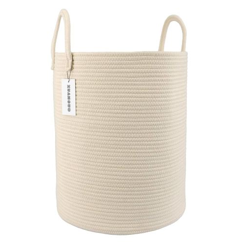 Cotton Rope Laundry Basket Hamper for Clothes Woven Storage Basket for Living Room Bedroom Boho Tall Rope Baskets for Blanket Toys Pillow Towels Baby Nursery Hamper Bin beige