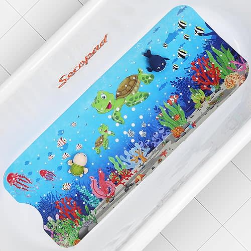 Cartoon Baby Bath Mat, Kids Bathtub Mat Non Slip for Toddler Bath Shower Anti Slip, 40In X 16In with Drain Holes and Suction Cups Machine Washable, Turtles