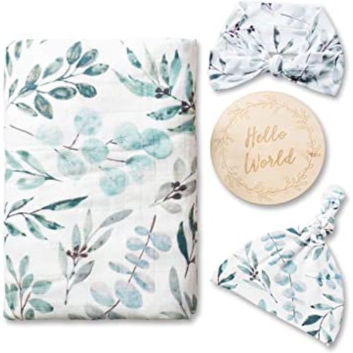 Miaoberry 100% Organic Eucalyptus Muslin Swaddle Set with Hat and Bow