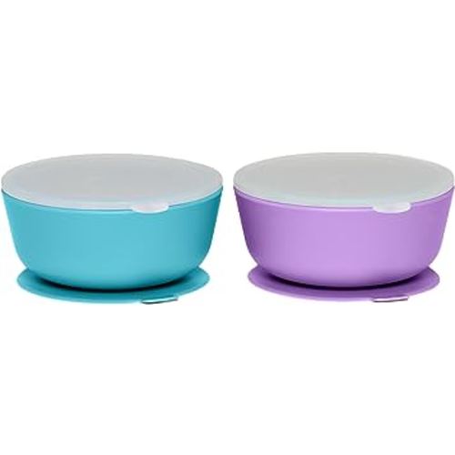 WeeSprout Suction Bowls for Baby & Toddlers (Set of 2) - 100% Silicone w/Plastic Lid - Leak Proof Feeding Supplies - Dishwasher & Microwave Safe Infant Dinnerware w/Extra Strong Base