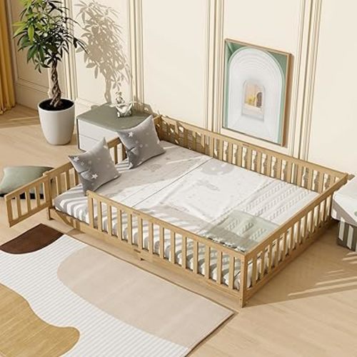Queen Floor Bed with Safety Guardrails for Kids, Rubber Wood Montessori Bed with Slats and Convertible Door,Queen Size Bed Frame for Girls and Boys,No Box Spring Needed,Natural