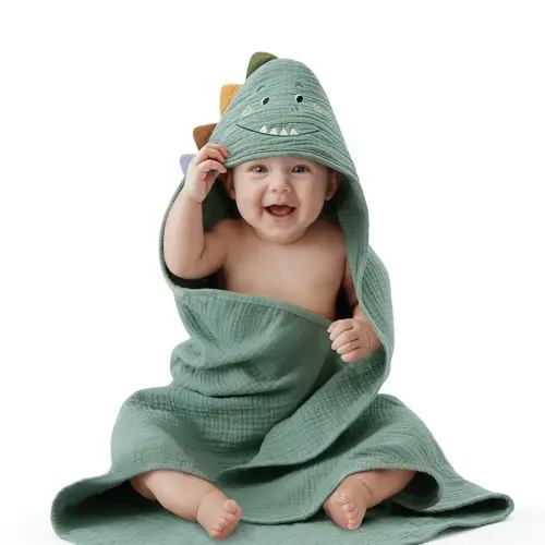 Blissful Diary Muslin Baby Hooded Towel, Soft and Absorbent Bath Towel for Newborn, Infant, Toddler, Unisex, 32″x32″ - Roguish Dino