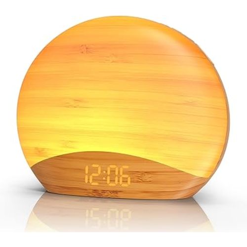REACHER Natural Wood Grain Sound Machine Sunrise Alarm Clock，26 Nature Inspired Sleeping Sounds, 0-100% Dimmable Clock, Night Light,Brown/Pink/White Noise Sound Machine for Babys, Kids, Adults