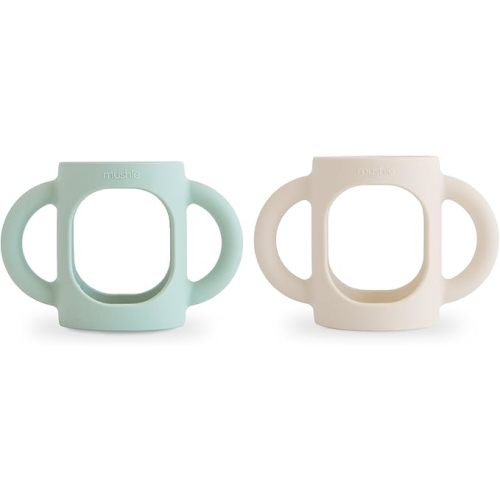 mushie Silicone Baby Bottle Handles 2-Pack | Fits 4 oz & 8 oz Narrow, Standard, Wide Neck Bottles Compatible with Dr. Brown’s, Philips Avent & More – 3 Months+ (Cambridge Blue/Shifting Sand)