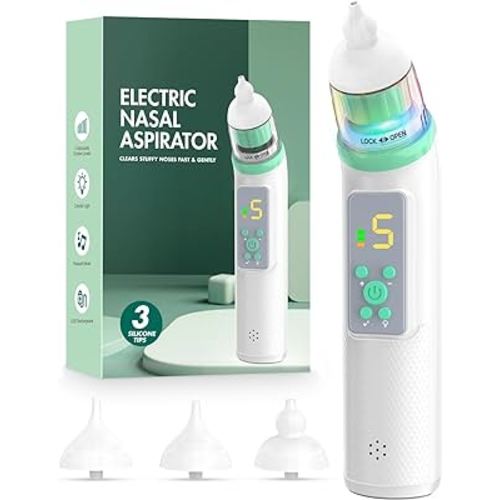 Nasal Aspirator for Baby, Electric Baby Nose Sucker with Adjustable 5 Levels Suction, Baby Nasal Aspirator with Music and Lights, Nose Sucker for Toddler with 3 Tips, Green