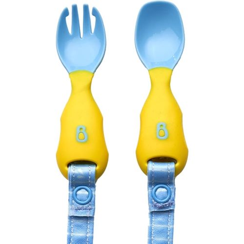 BIBaDO - Handi Toddler Cutlery, Food-Safe Toddler Utensils, Toddler Fork and Spoon Set, Toddler Eating Utensils for Babies 6 Months and Up, Attaches to Bibado Coverall Bib, Ducklings Pool Party