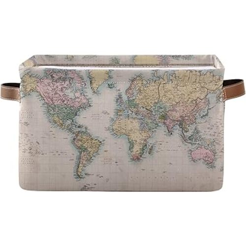 Vintage World Map Storage Basket Collapsible Laundry Organizer with Leather Handles Retro Map Print Rectangular Storage Box Bin 1 PC for Bathroom Clothes Kids Toys Nursery