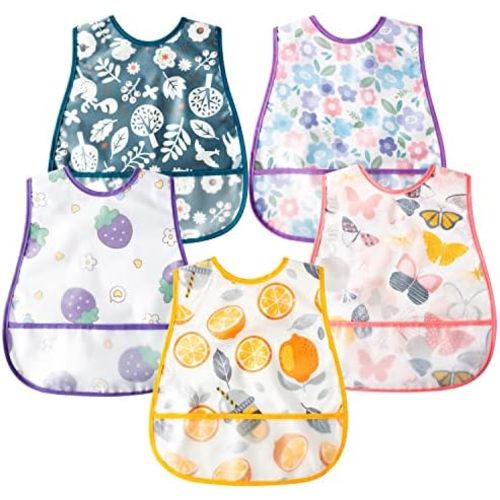 R HORSE 5Pcs Baby Bibs Set Toddler Bibs with Crumb Catcher Pocket & Snap Button Waterproof Baby Feeding Bibs for 6-24 Months