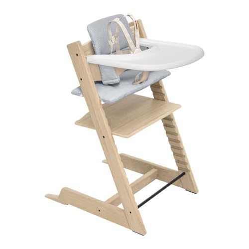 Stokke Tripp Trapp Oak High Chair 2 (Natural), Cushion 2 (Nordic Blue) + Stokke Tray (White) - Includes Chair + Baby Set with Removable Harness for Children 6-36 Months