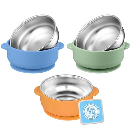 OKAY ORANGE 3 Pack Stainless Steel Toddler Suction Bowls for Baby Plates, 2-in-1 SUS304 Toddlers Bowl & Removable Silicone Suction Kids Bowl for Cereal | Snack | Anti-Scald Non-Toxic Suction Bowls
