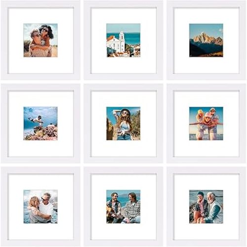 Vittanly 12x12 Picture Frames Set of 9, Shatter Resistant Plexiglass, Display 8x8 Pictures with Mat or 12x12 without Mat, Photo Frames for Wall Mount, Engineered Wood, White