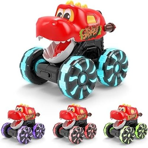 Red Chomping Dino Monster Truck Toy – Press and Go Car with LED Light Wheels – Light-Up Push Car for Toddlers Boys Girls Ages 2 3 4 5 – Dinosaur Toy with Moving Mouth Action