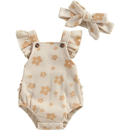 ZAXARRA Little Baby Girls 2Pcs Summer Outfits Fly Sleeve Flower Print Bodysuit with Headband Newborn Clothes - Beige - 6-12 Months