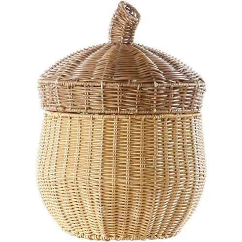 Kaplan Early Learning Acorn Washable Wicker Floor Basket with Lid| Home Decor Organizer | Nature-Inspired Woven Rattan Storage Bin