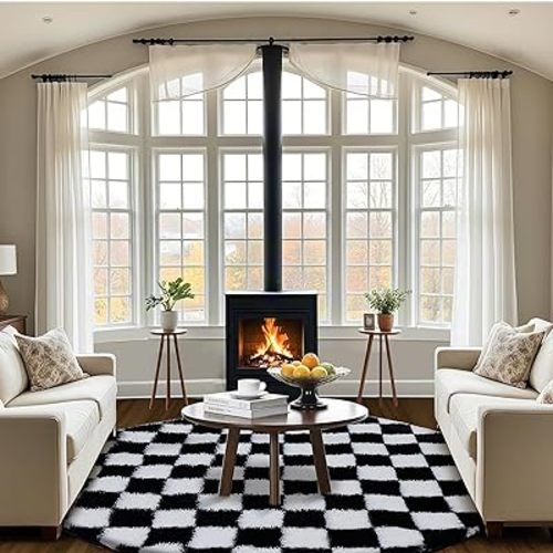 Super Soft Rug, Round Rug for Bedroom, 6X6 Ft Black and White Checkered Round Rug Non-Slip High Pile Cute Soft Fluffy Rug for Living Room Bedroom Kids Room